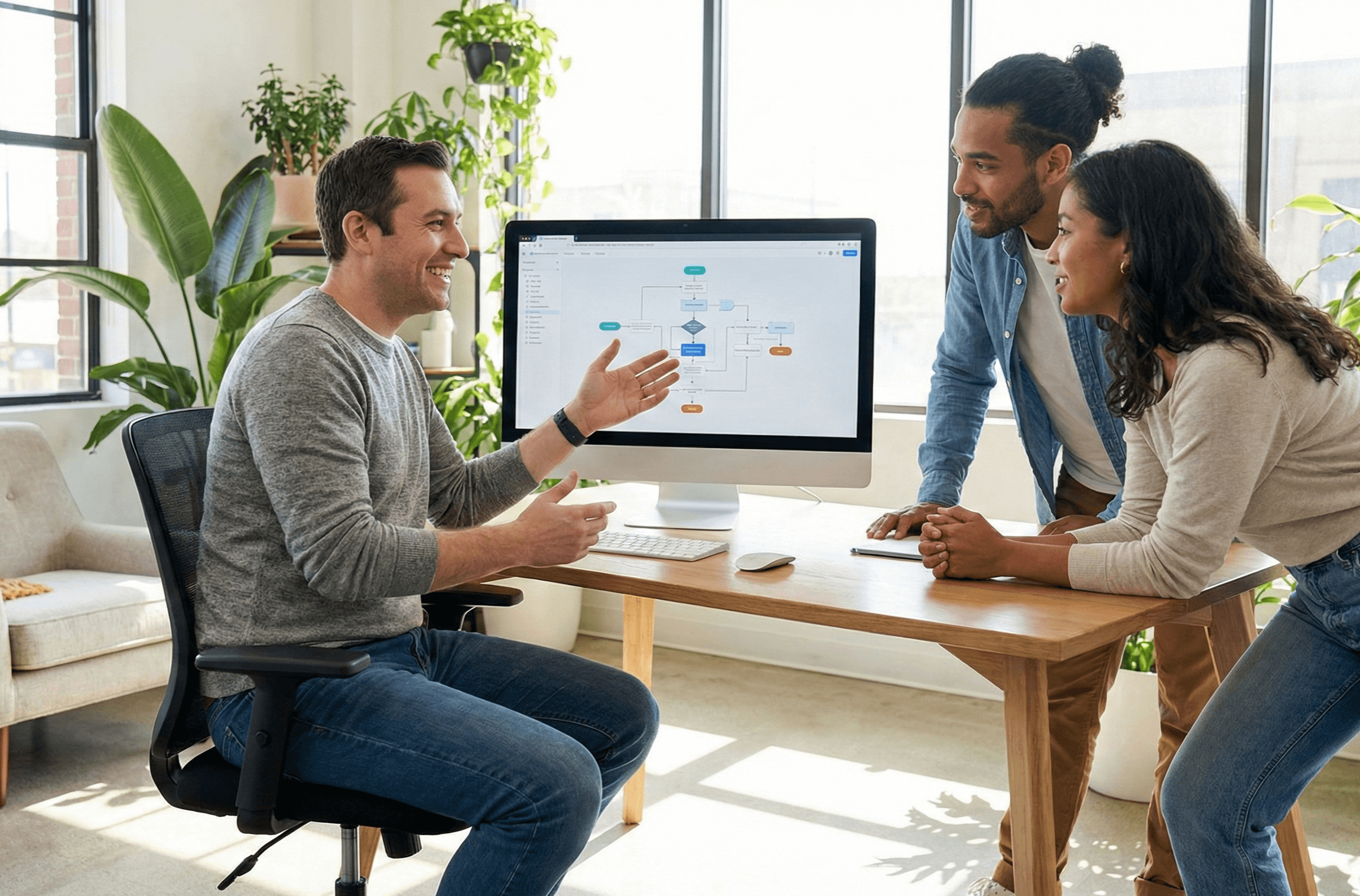 Strategic consultation scene with professionals discussing architectural diagrams in modern office